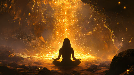 A woman meditates within a magical cavern bathed in shimmering golden light, engaging in spiritual practice to unlock the power of her mind. Gilded Cavern. Illustration