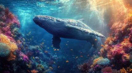 Fototapeta premium Majestic humpback whale swimming among vibrant coral reef