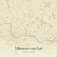 Retro map of Villeneuve-sur-Lot, Nouvelle-Aquitaine, France. Vintage street map.
