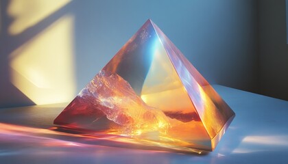 Iridescent pyramid sculpture with embedded landscape reflecting light.