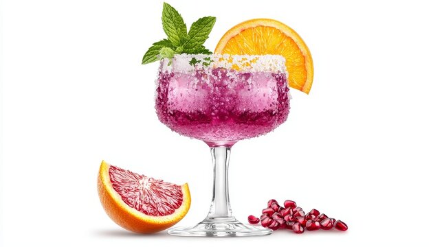 Holiday pomegranate margarita, garnished with orange slice and mint, crisp detail, photorealistic style, isolated on white background
