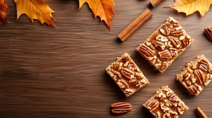 Glazed maple pecan bars on a rustic wooden table, topped with golden, candied pecans, surrounded by warm fall leaves and cinnamon sticks, cozy light