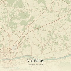 Retro map of Vouvray, Centre-Val de Loire, France. Vintage street map.