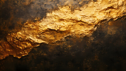Dramatic, dark, textured landscape with glowing, golden light illuminating a mountainous valley. Gilded Cavern. Illustration