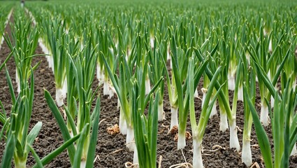 Obraz premium Close up of green onions in rows roots buried in dark soil
