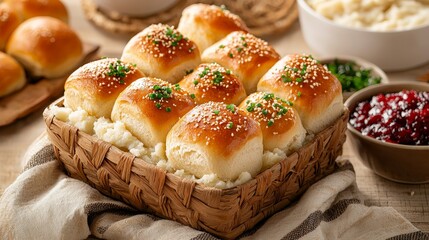 Golden dinner rolls in a rustic basket, surrounded by traditional Thanksgiving dishes like turkey, mashed potatoes, cranberry sauce, and roasted vegetables