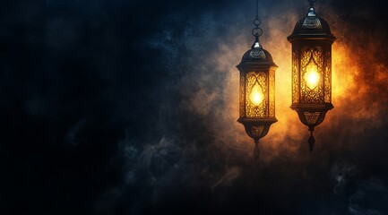 Two ornate hanging lanterns glowing in smoky darkness.