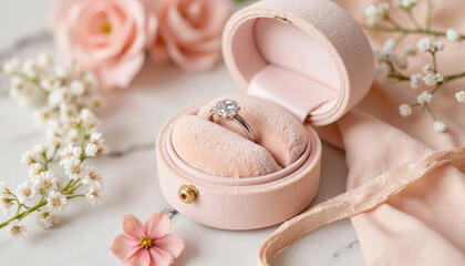 Elegant wedding ring box on table with floral accents, romantic gift, Pastel wedding colors, Spring Weddings