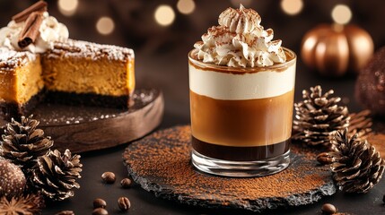 Gourmet espresso paired with pumpkin cheesecake, surrounded by seasonal decorations like pine cones and fall leaves