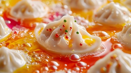 An Artistic Culinary Twist on Traditional Polish Pierogi in a Dazzling Sea of Colors and Flavorful Sauces