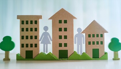 복지시설을 나타내는 건물들과 그 주변의 아이템들이 포함된 종이인형