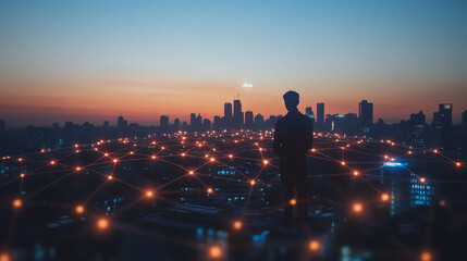 Fototapeta premium Abstract business man stands on Smart digital Innovation city with connection network reciprocity over the twilight cityscape. of future wireless digital city and social media networking systems