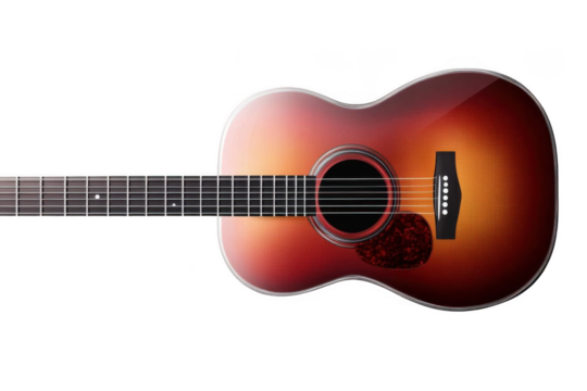 Acoustic Guitar Creates Harmony with Musical Instruments and Sounds of Strings, Pickguard, and Fretboard. Guitar Themes.