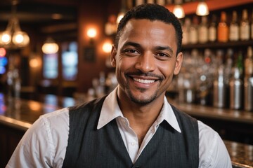 close portrait of a 40s smiling Dominican male bartender against blurred bar background
