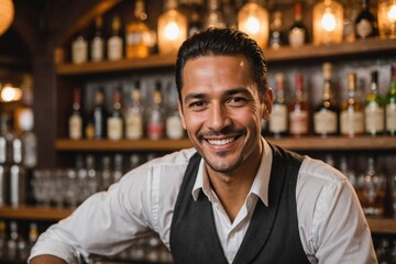 Fototapeta premium close portrait of a 40s smiling Ecuadorean male bartender against blurred bar background