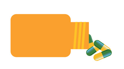 Medication concept. Yellow-green capsules of Tramadol 50 mg. and orange medicine bottle isolated on white background, narcotic- like pain reliever, used to treat moderate to severe pain.