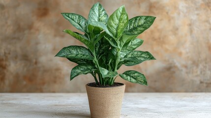 Aglaonema plant in a burlap pot sits on a table