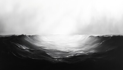 Monochromatic abstract landscape painting with dark, textured hills and bright, hazy sky.