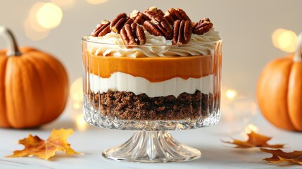 Layered pumpkin mousse trifle in a crystal bowl, rich cream swirls, spiced cookie crumble, festive garnish of caramelized pecans, soft fall lighting