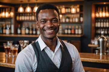 Fototapeta premium close portrait of a 40s smiling Eswatini male bartender against blurred bar background