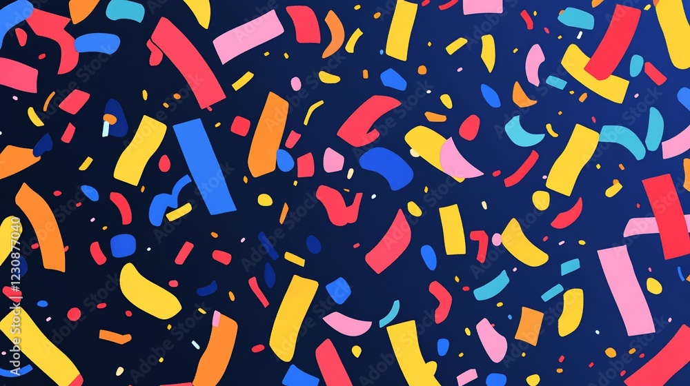 Poster colorful confetti pieces scattered on a deep blue background creating a festive and abstract pattern