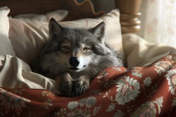 illustration of The Big Bad Wolf dressed in grandmother's clothes, lying in bed with a sly grin 