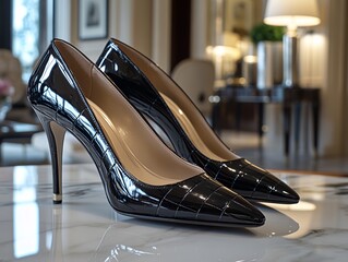 Elegant Black High Heels Displayed on a Polished Marble Surface in a Luxurious Setting Showcasing Classic Design and Sophisticated Craftsmanship