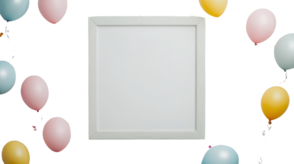 White frame surrounded by colorful balloons on transparent background
