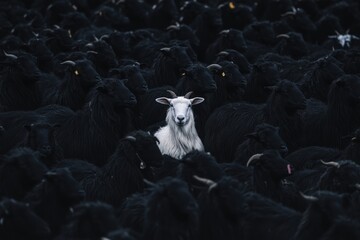 White goat standing out in a crowd of black sheep