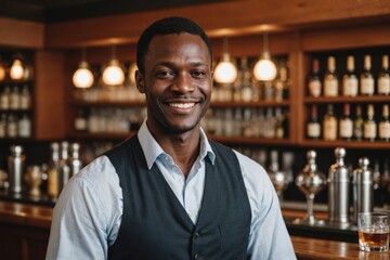 Fototapeta premium close portrait of a 40s smiling Guinean male bartender against blurred bar background