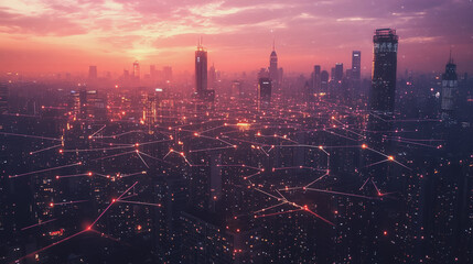 Fototapeta premium Abstract business man stands on Smart digital Innovation city with connection network reciprocity over the twilight cityscape. of future wireless digital city and social media networking systems
