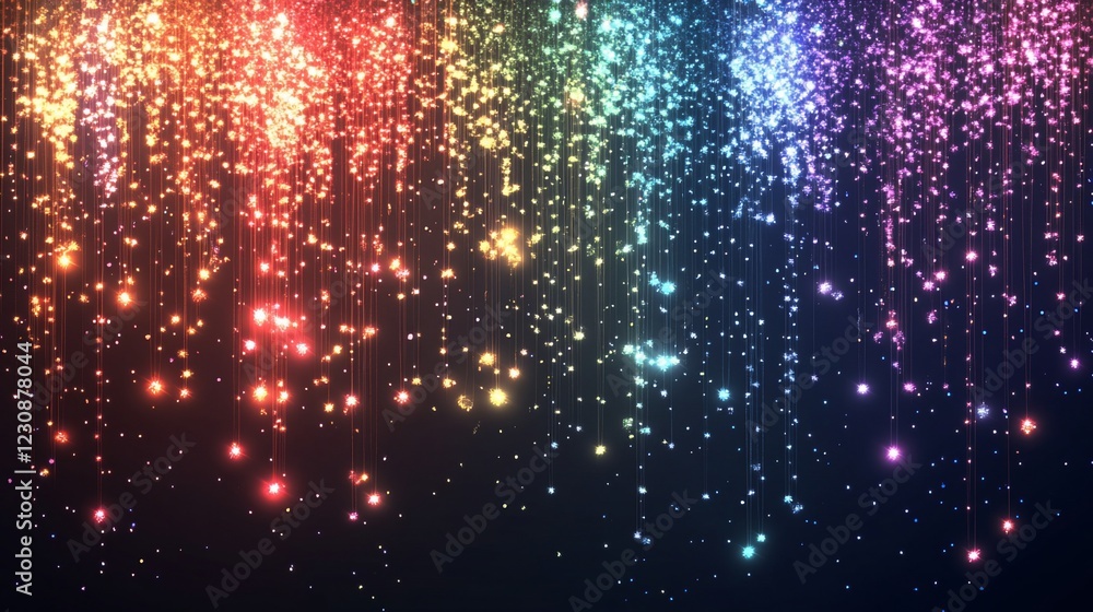 Poster colorful abstract particle stream on black background with rainbow gradient effect