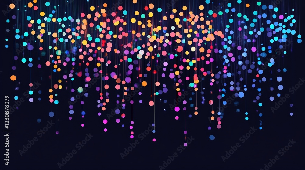 Poster abstract cascading colorful bokeh lights design background with a dark backdrop