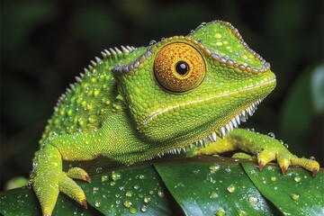 Obraz premium Close-up of vibrant green lizard on leaf with droplets