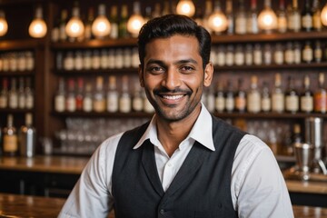 close portrait of a 40s smiling Indian male bartender against blurred bar background