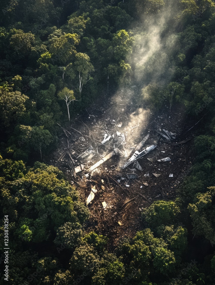 Poster dense forest reveals airplane debris scattered across ground with smoke rising from wreckage in remo