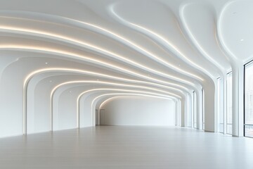 Modern empty white office interior with curved ceiling and lighting