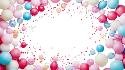 Colorful balloons and confetti creating festive border on transparent background