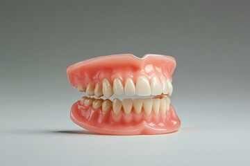 Obraz premium Full removable denture showing healthy teeth and gums on gray background