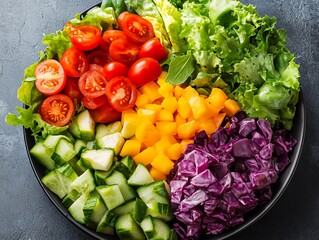 Colorful Salad Composed of Fresh Vegetables Including Tomatoes, Lettuce, Cucumbers, Peppers, and Cabbage Arranged Aesthetically on a Black Plate
