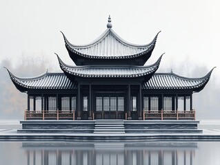 Fototapeta premium Elegant Traditional Pavilion Situated by a Tranquil Lake at Dawn During Autumn, Showcasing Exquisite Architectural Details and Serene Surroundings