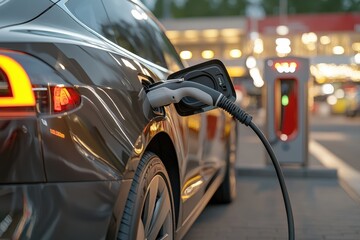 Electric car plugged into charging station at public parking lot