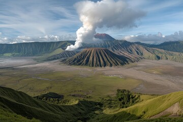 Mount bromo emitting smoke in the tengger caldera, indonesia