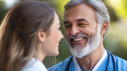 Fototapeta premium Smiles Exchanged Between a Healthcare Professional and Patient Outdoors in Bright Daylight Highlighting Trust and Compassion