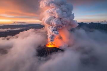 Mount bromo volcano erupting during a scenic sunrise in indonesia
