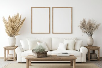 Modern bohemian living room interior with two empty frames, white sofa and pampas grass