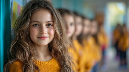 Young Girl Smiles Brightly in School Hallway With Classmates Dressed in Matching Yellow Sweaters During a Sunny Day