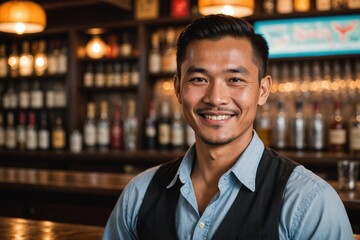 Naklejka premium close portrait of a 40s smiling Lao male bartender against blurred bar background