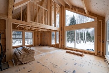 Building modern wooden house interior framing with large windows showing winter landscape