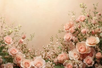 Peach roses and gypsophila creating stunning floral arrangement
